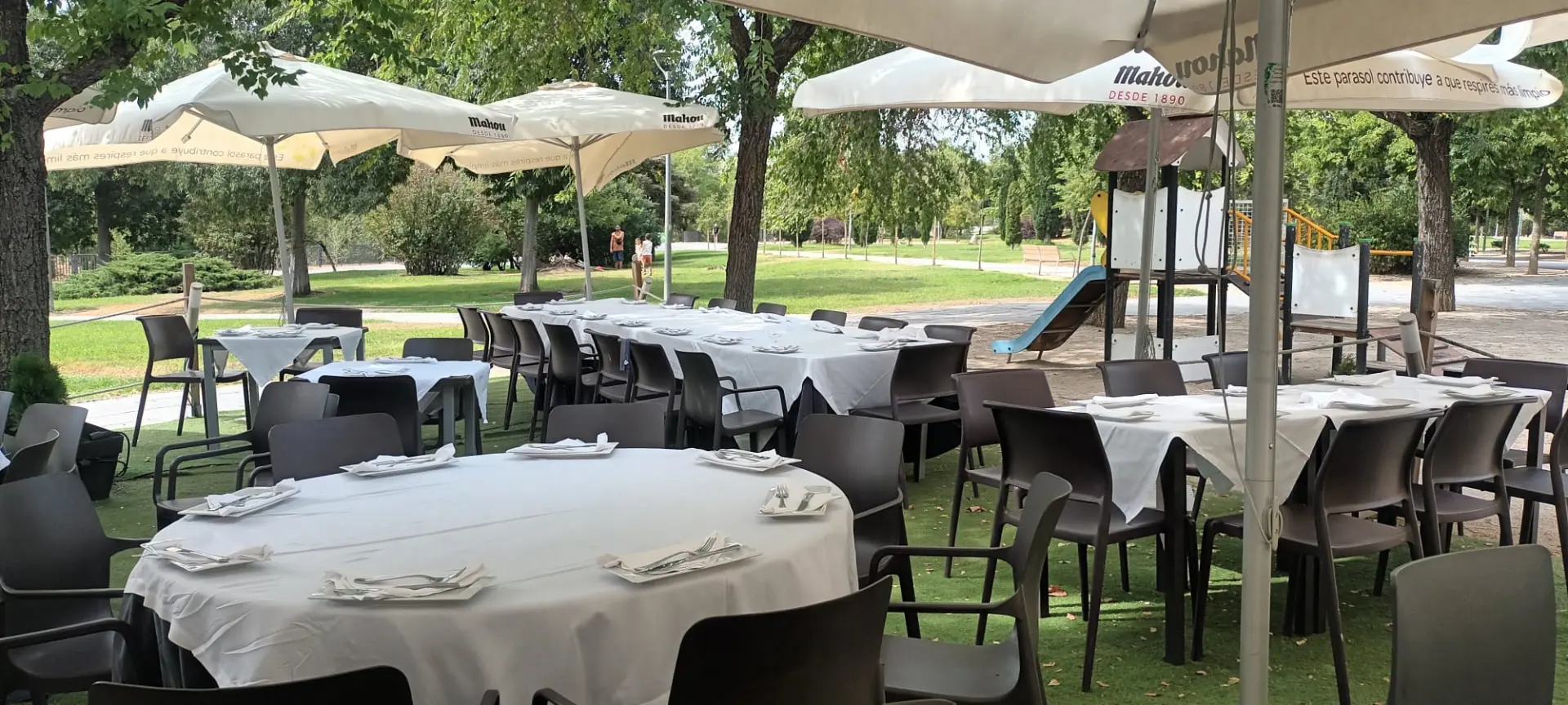 Terraza ajardinada con mesas y sombrillas